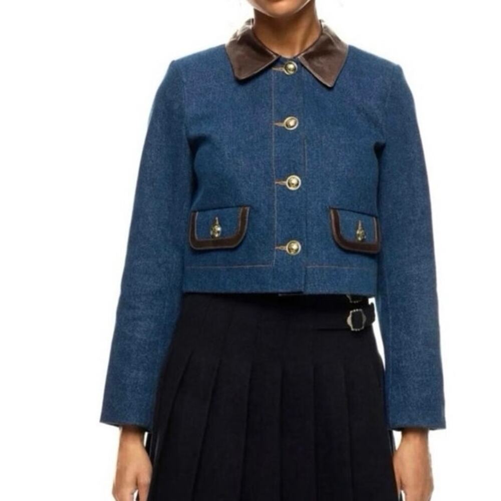 Sandro Denim Jacket With Leather Collar Size 38 (US 4-6 )